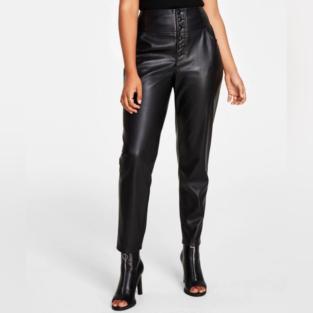 Bar III black leather button front high waisted pants size 8 NWT
